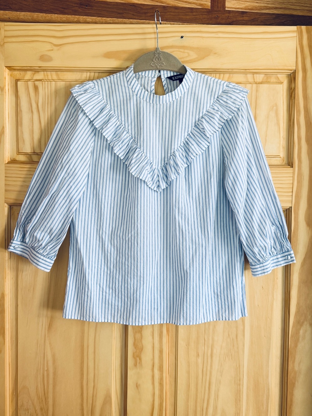 Express Blue and White Striped Ruffle Yoke Top